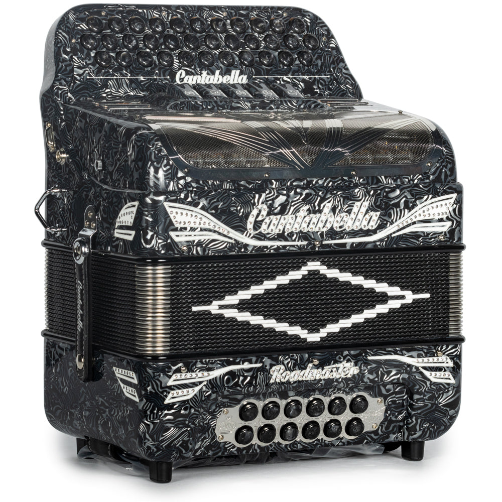 Cantabella Roadmaster Accordion 5 Switch EAD Celluloid Grey Waves with White Painted Fretboard