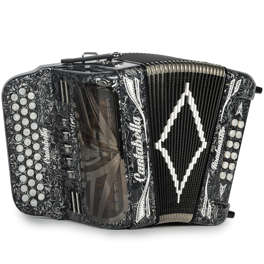 Cantabella Roadmaster Accordion 5 Switch EAD Celluloid Grey Waves with White Painted Fretboard