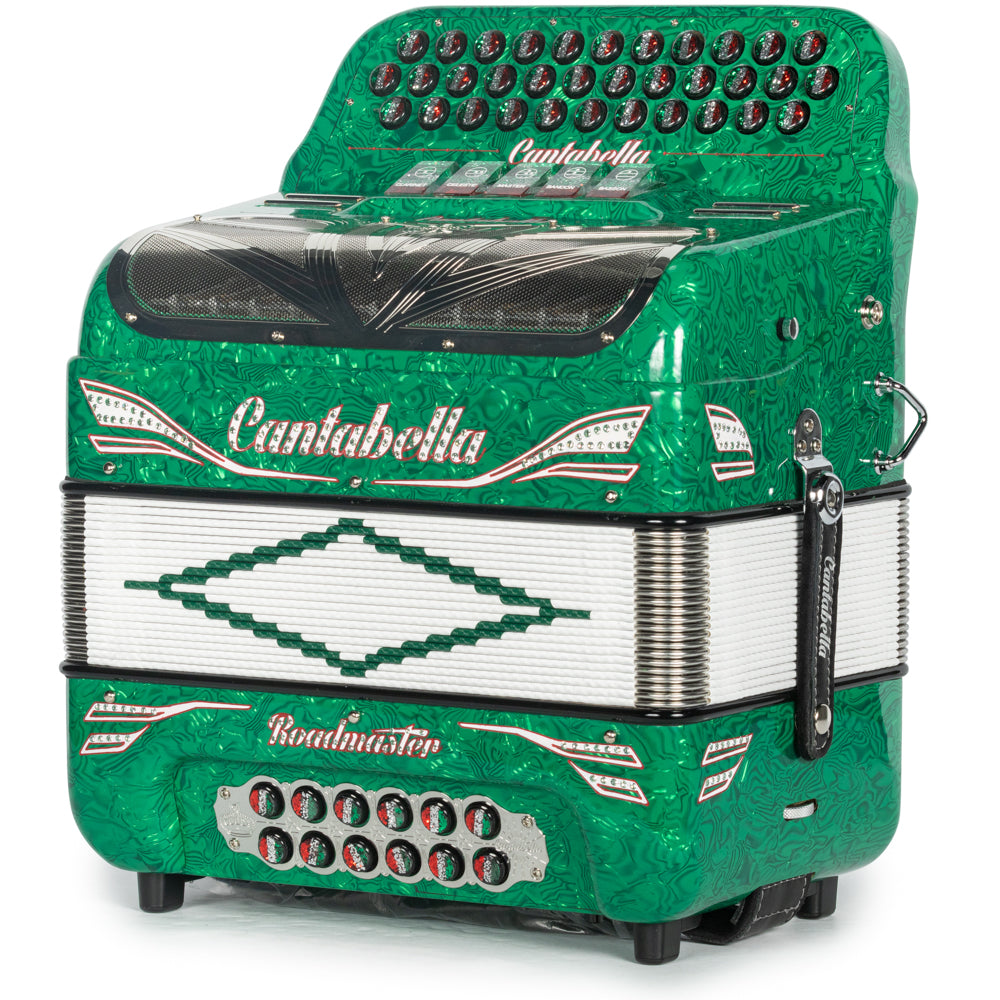 Cantabella Roadmaster Accordion 5 Switch FBE Celluloid Light Green Waves with Painted Fretboard