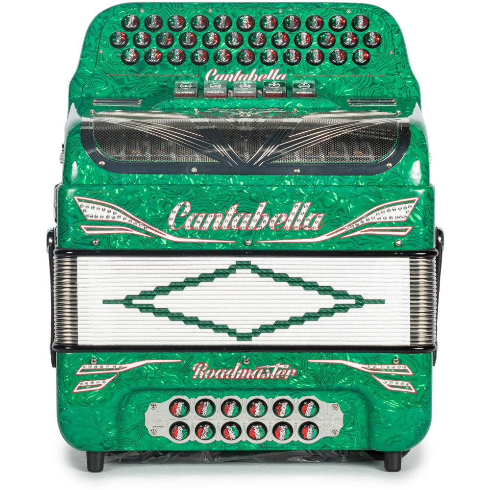 Cantabella Roadmaster Accordion 5 Switch EAD Celluloid Light Green Waves with Painted Fretboard