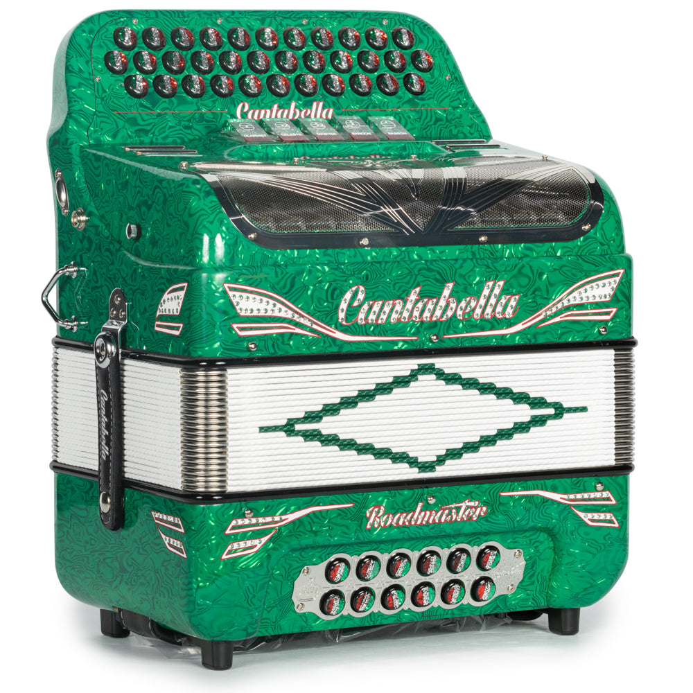 Cantabella Roadmaster Accordion 5 Switch EAD Celluloid Light Green Waves with Painted Fretboard