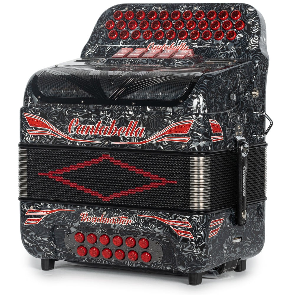 Cantabella Roadmaster Accordion 5 Switch GCF Celluloid Grey Waves with Red Painted Fretboard