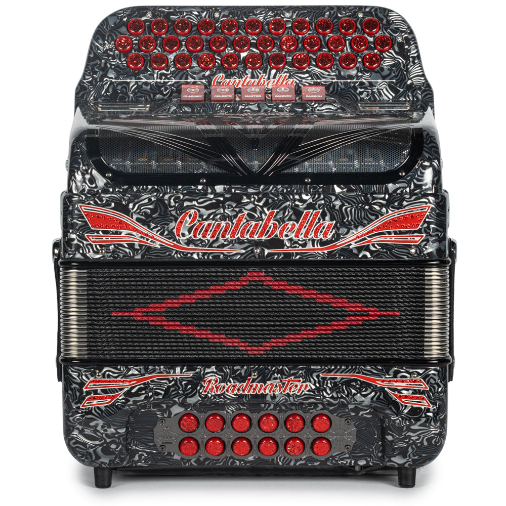 Cantabella Roadmaster Accordion 5 Switch GCF Celluloid Grey Waves with Red Painted Fretboard