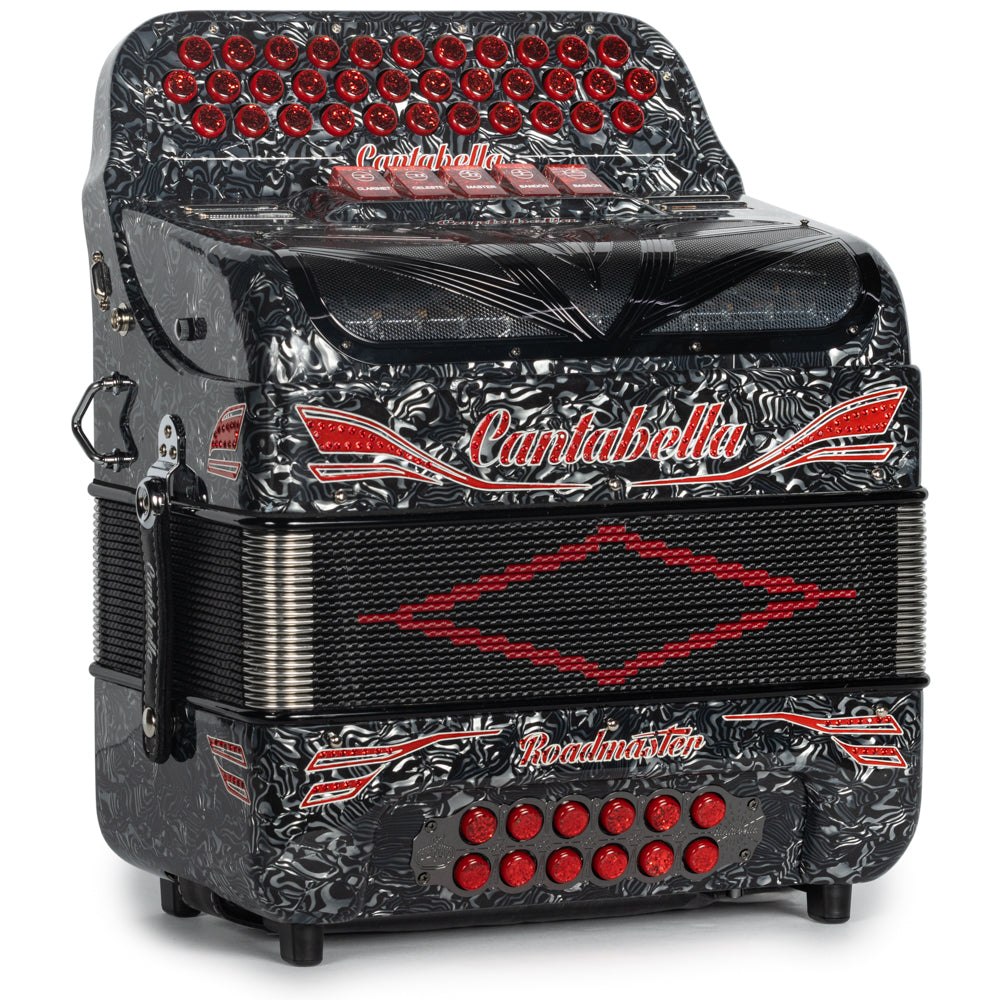 Cantabella Roadmaster Accordion 5 Switch GCF Celluloid Grey Waves with Red Painted Fretboard