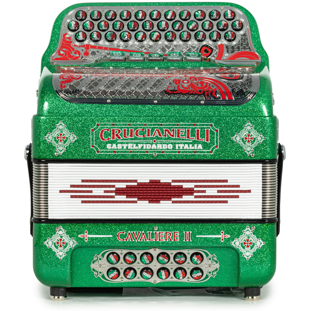 Crucianelli Cavaliere II 5 Switch FBE Ultra Compact Accordion in Green Glitter with Red