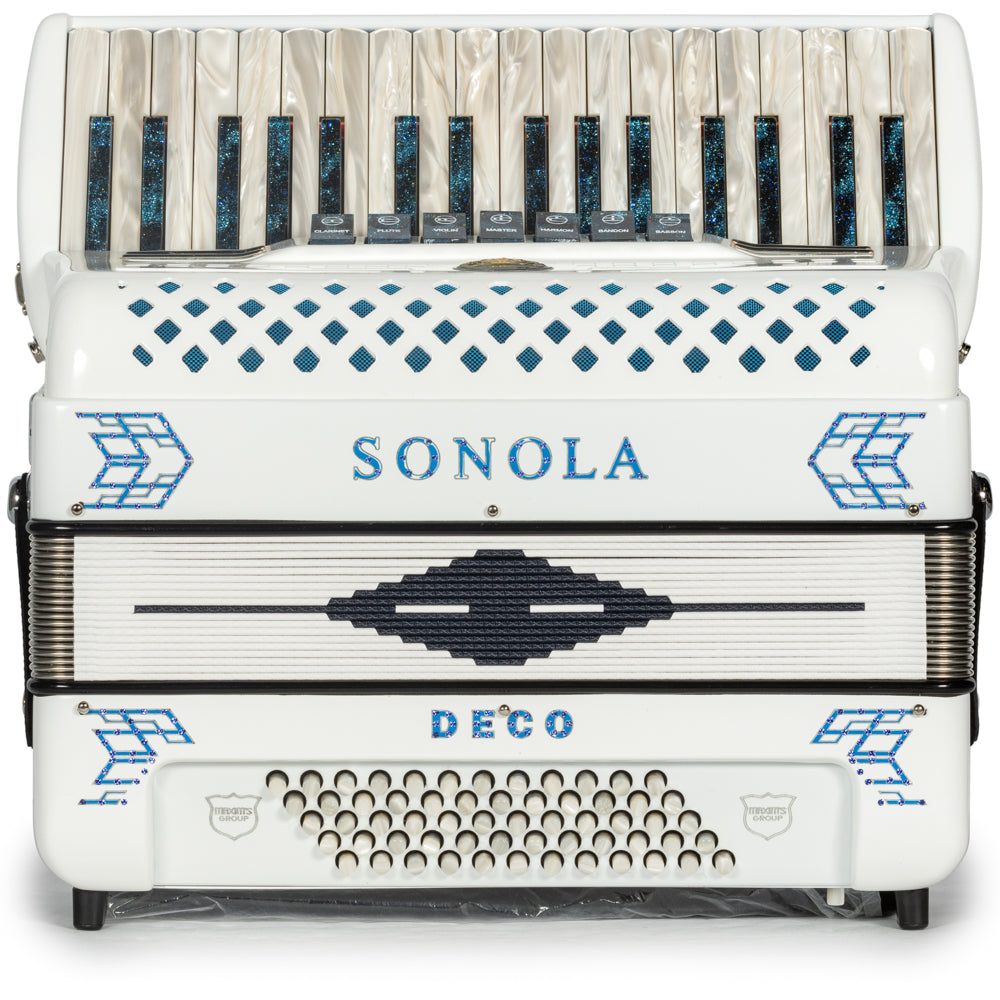 Sonola Deco Piano Accordion 7 Switch White with Blue Hermes Music Accordion Pro Shop