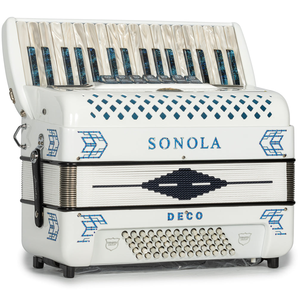 Sonola Deco Piano Accordion 7 Switch White with Blue Hermes Music Accordion Pro Shop