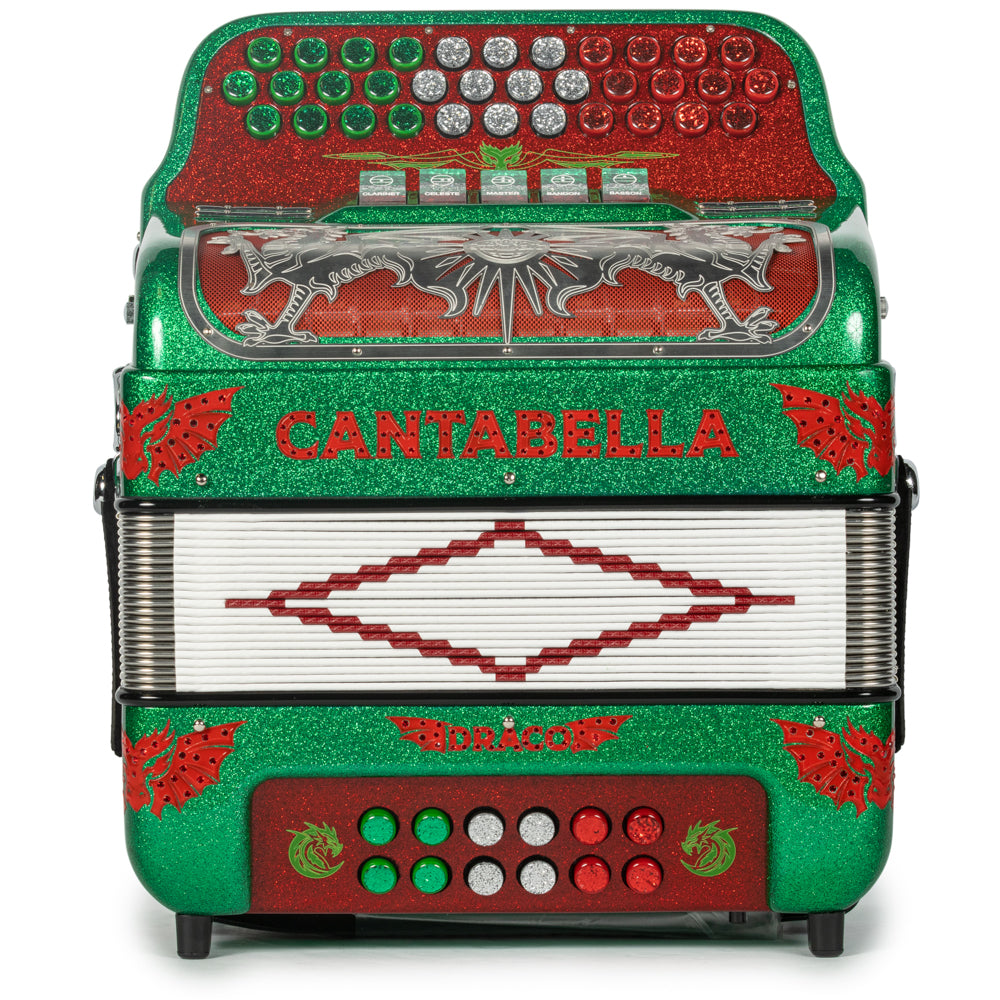 Cantabella Draco Accordion 5 Switch EAD Green Glitter with Red-Cantabella-Hermes Music-Accordion Pro Shop