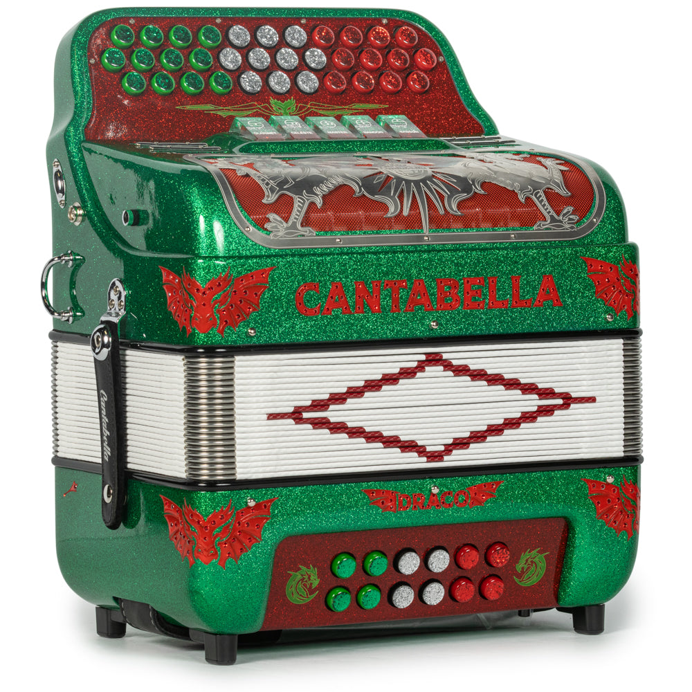 Cantabella Draco Accordion 5 Switch EAD Green Glitter with Red-Cantabella-Hermes Music-Accordion Pro Shop