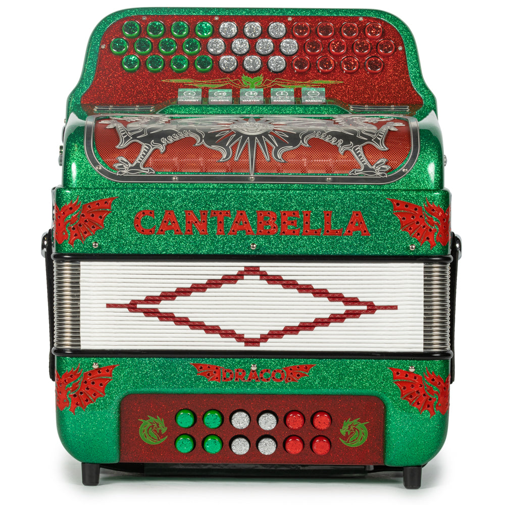 Cantabella Draco Accordion 5 Switch FBE Green Glitter with Red-Cantabella-Hermes Music-Accordion Pro Shop