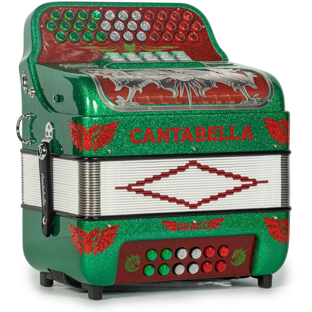 Cantabella Draco Accordion 5 Switch FBE Green Glitter with Red-Cantabella-Hermes Music-Accordion Pro Shop