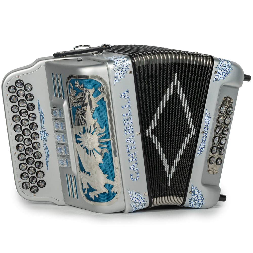 Cantabella Draco Accordion 5 Switch FBE Matte Silver with Blue-Cantabella-Hermes Music-Accordion Pro Shop