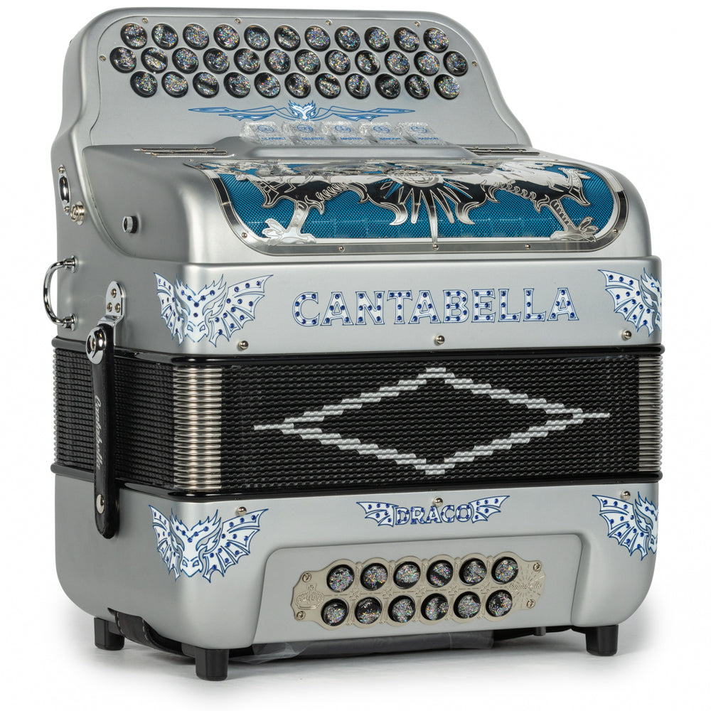 Cantabella Draco Accordion 5 Switch FBE Matte Silver with Blue-Cantabella-Hermes Music-Accordion Pro Shop