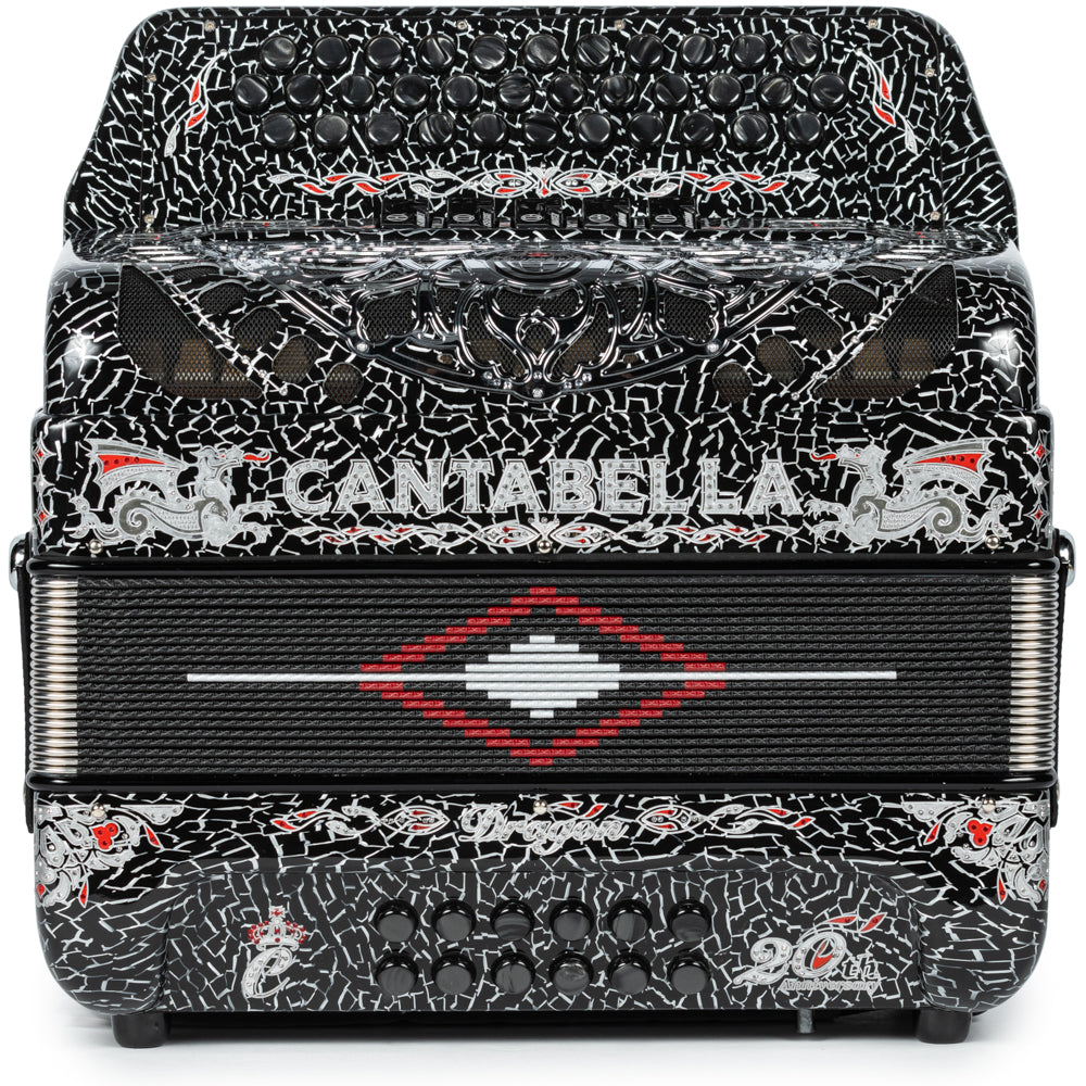Cantabella Dragon Accordion 5 Switch GCF Celluloid Crackled Black and Silver
