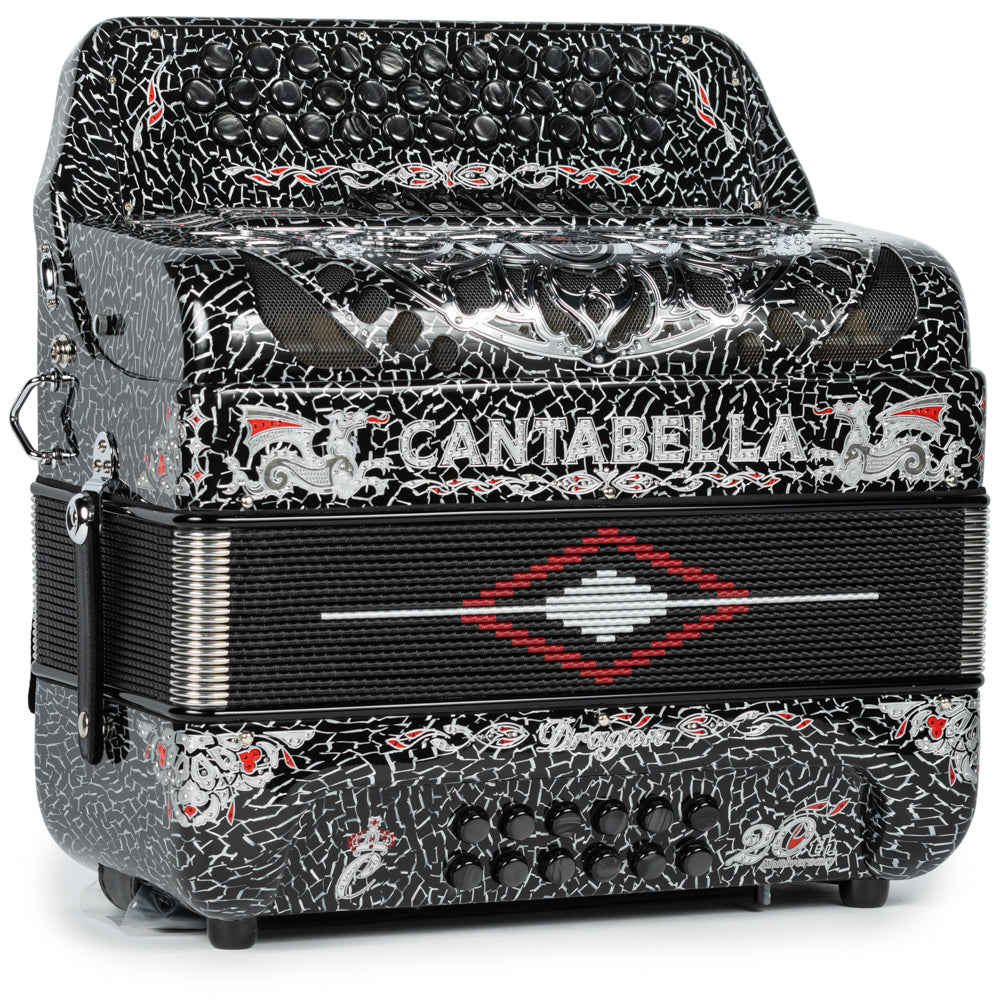 Cantabella Dragon Accordion 5 Switch GCF Celluloid Crackled Black and Silver