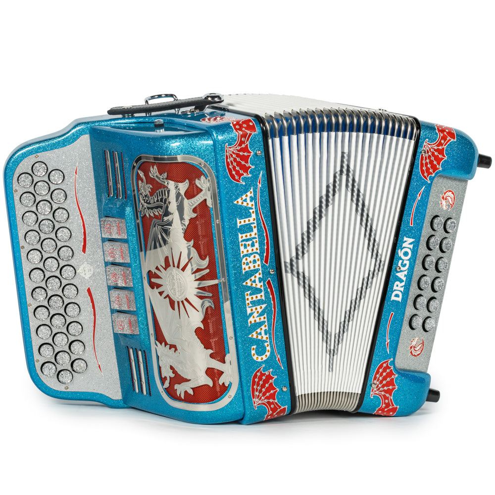 Cantabella Dragon Accordion 5 Switch GCF Light Blue Glitter and Red-Cantabella-Hermes Music-Accordion Pro Shop