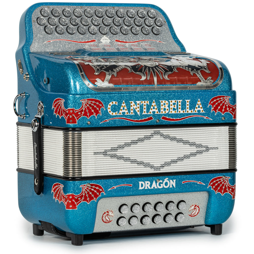 Cantabella Dragon Accordion 5 Switch GCF Light Blue Glitter and Red-Cantabella-Hermes Music-Accordion Pro Shop