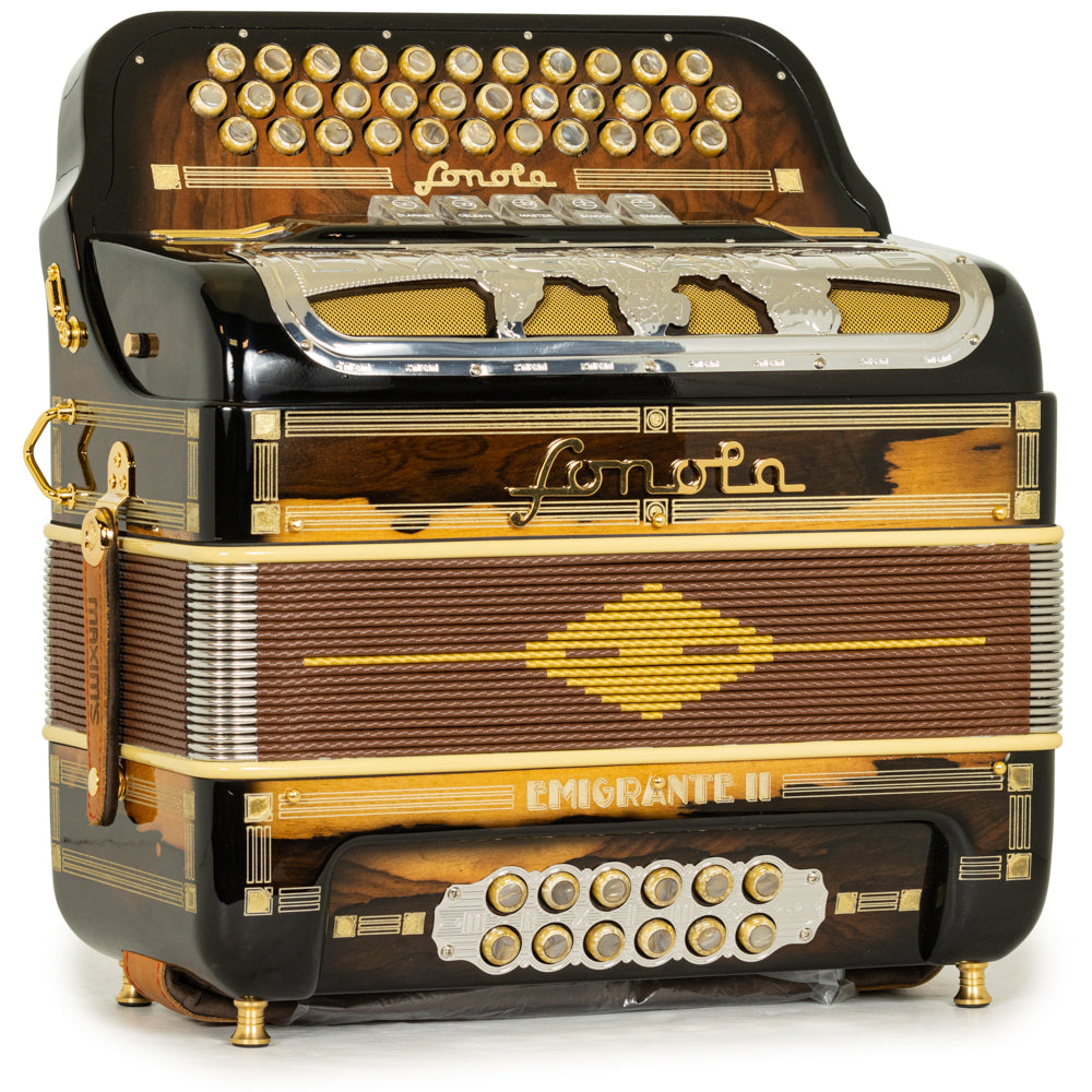 Sonola Emigrante II Accordion 5 Switch EAD Polished Dark Wood with Gold and Silver