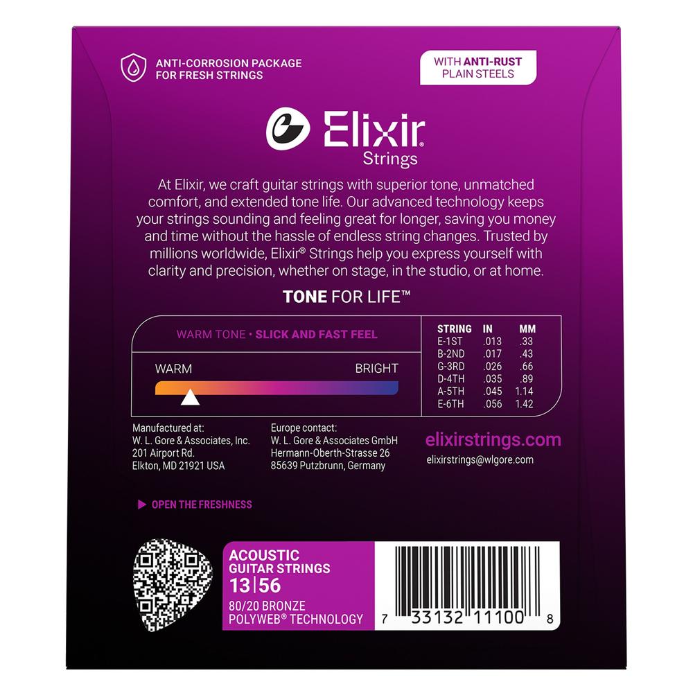 Elixir 80/20 Medium Acoustic Guitar Strings w/ Polyweb Coating G.013-.056