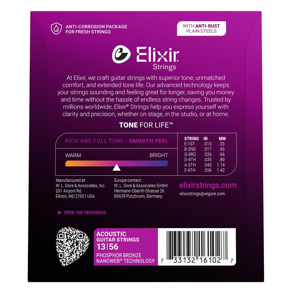 Elixir Phosphor Bronze Medium Acoustic Guitar Strings w/Nanoweb Coating G.013-.056