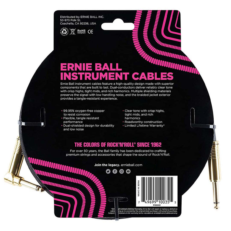 Ernie Ball P06081 Braided Straight to Right Angle Instrument Cable - 10 foot Black-accessories-Ernie Ball- Hermes Music