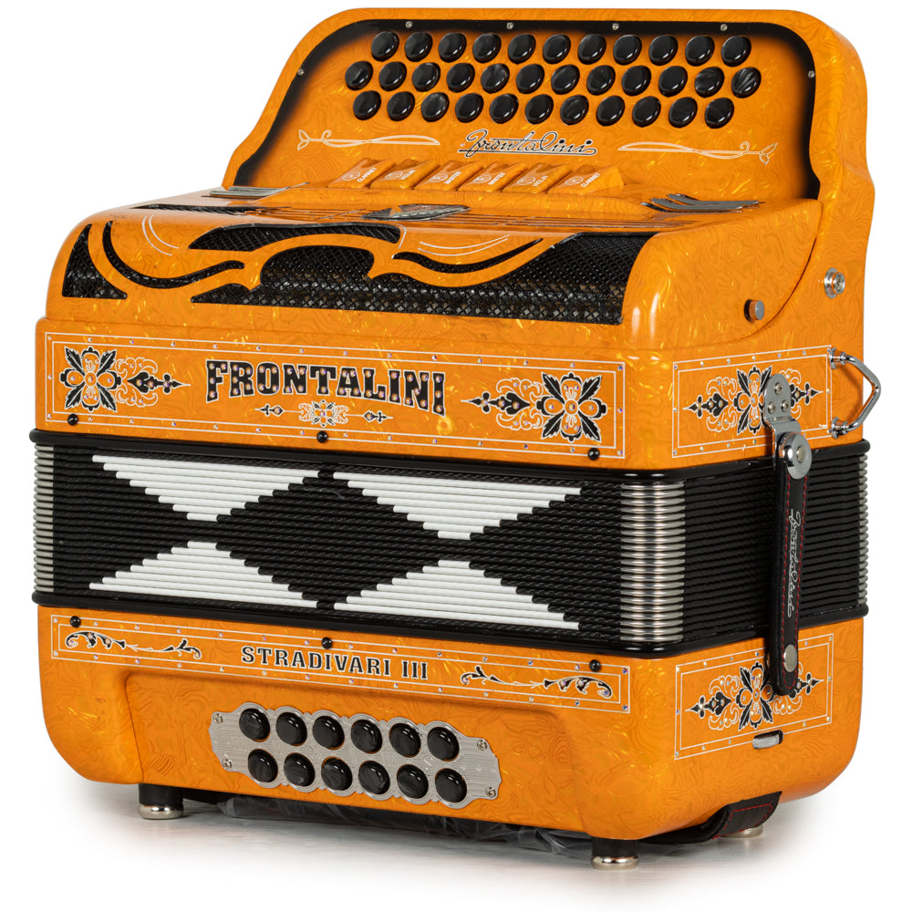 Frontalini Stradivari III 6 Switch 2-Tone FBE-EAD Accordion Celluloid Orange Waves with Black