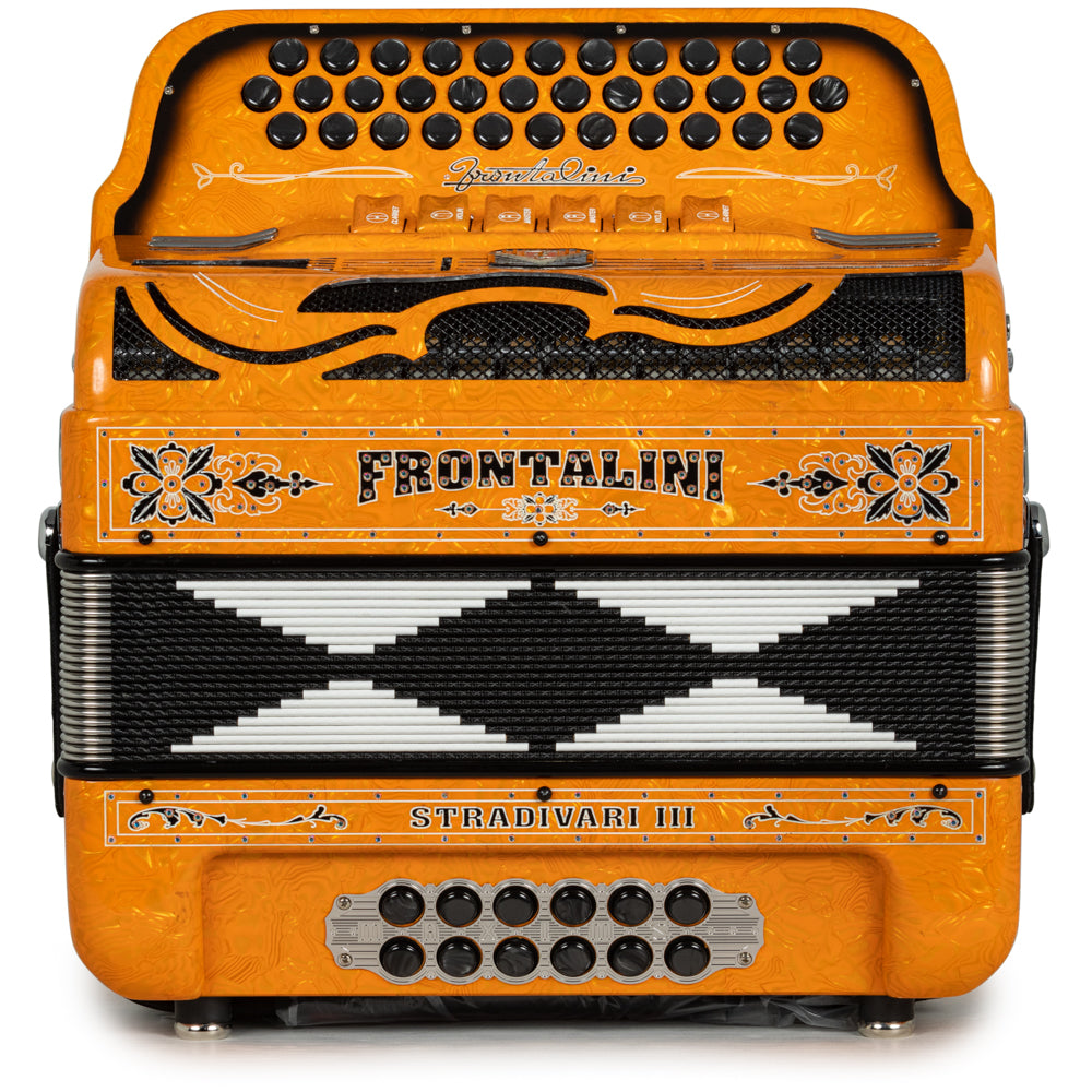 Frontalini Stradivari III 6 Switch 2-Tone FBE-EAD Accordion Celluloid Orange Waves with Black