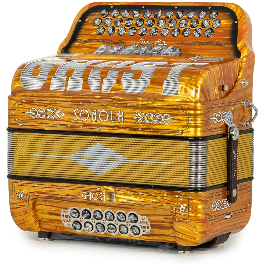 Sonola Ghost III Accordion 6 Switch 2-Tone FBE-GCF Celluloid Golden Wood and White