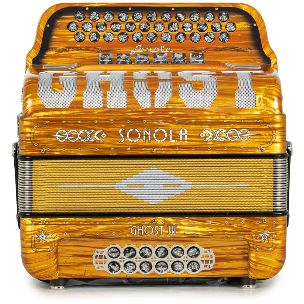 Sonola Ghost III Accordion 6 Switch 2-Tone FBE-GCF Celluloid Golden Wood and White