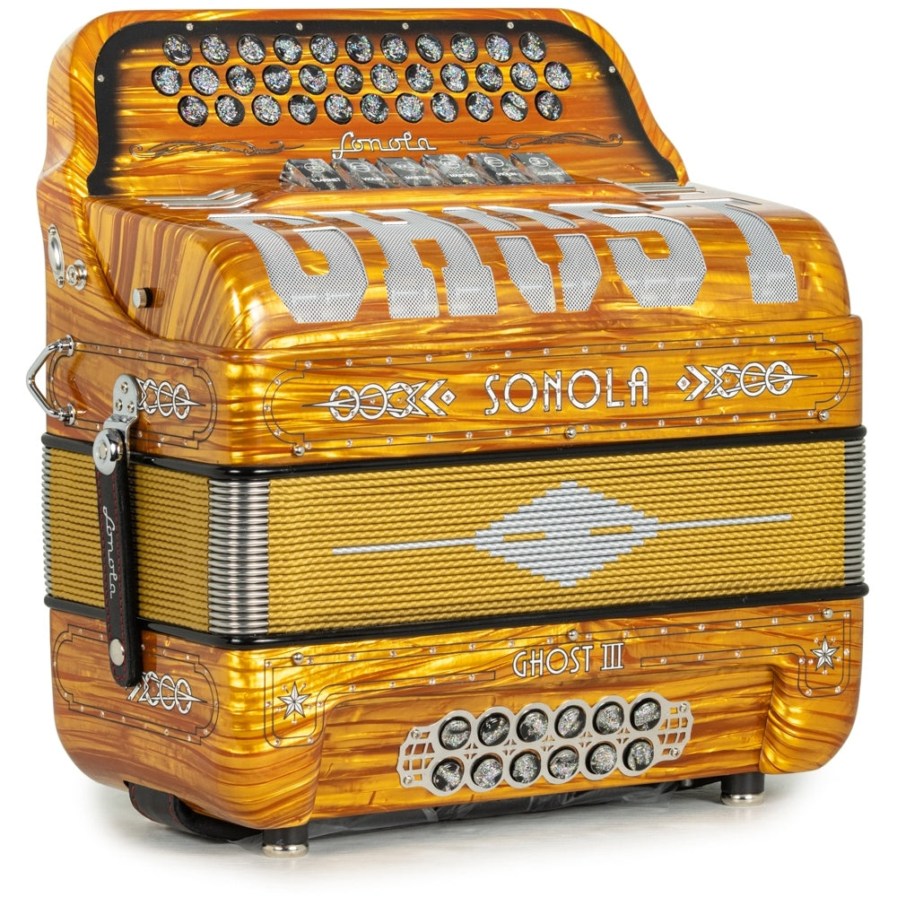 Sonola Ghost III Accordion 6 Switch 2-Tone FBE-GCF Celluloid Golden Wood and White