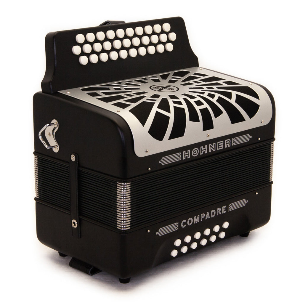 Hohner Compadre Accordion GCF Black with Gray Grill and Cantabella Straps Bundle-accordion-Hermes Music- Hermes Music