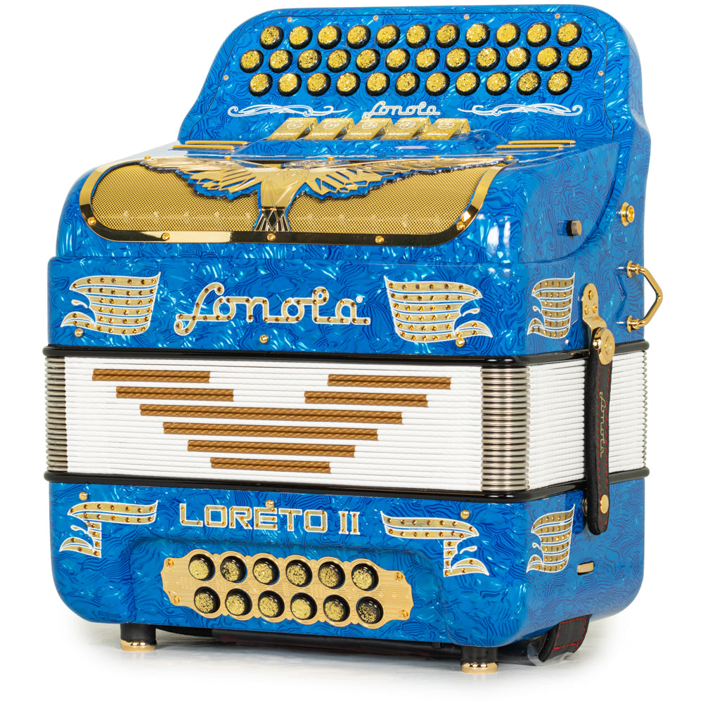 Sonola Loreto II Accordion 5 Switch GCF Celluloid Blue Waves with Gold