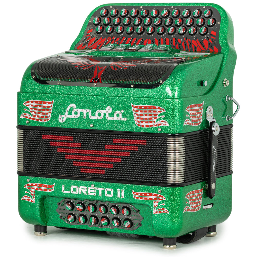 Sonola Loreto II Ultra Compact Accordion 5 Switch FBE Green Glitter with Red Green and White