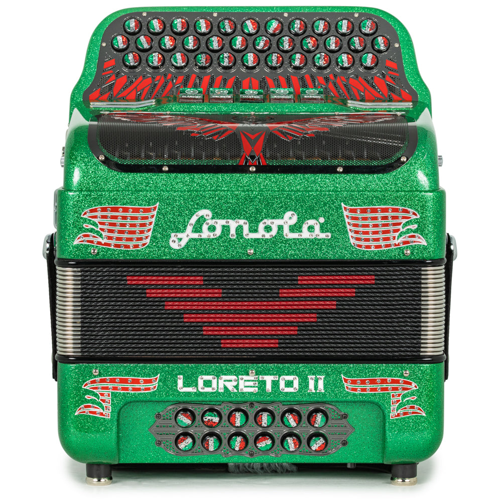 Sonola Loreto II Ultra Compact Accordion 5 Switch FBE Green Glitter with Red Green and White