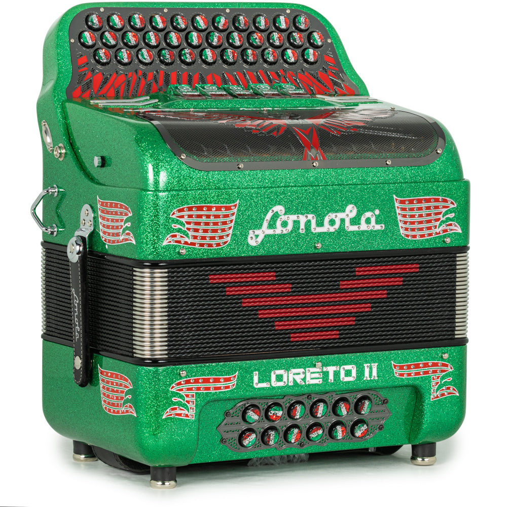 Sonola Loreto II Ultra Compact Accordion 5 Switch FBE Green Glitter with Red Green and White