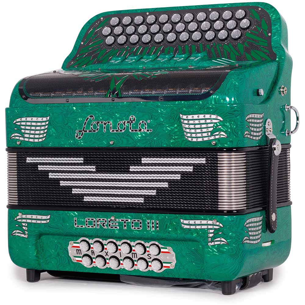 Sonola Loreto III Accordion 6 Switch FA-SOL Celluloid  Green Waves with Silver
