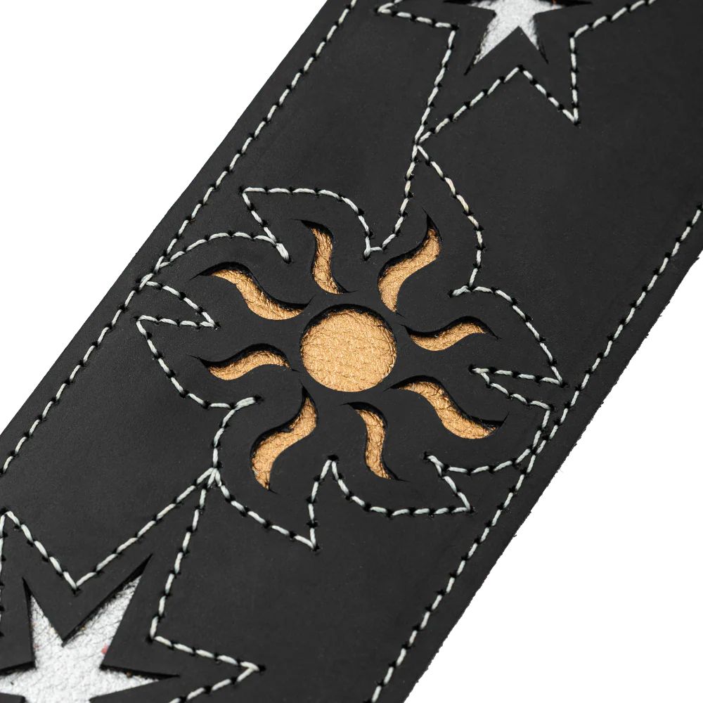 Levy Sunbird Series Leather Guitar Strap Sun and Moon Pattern in Black