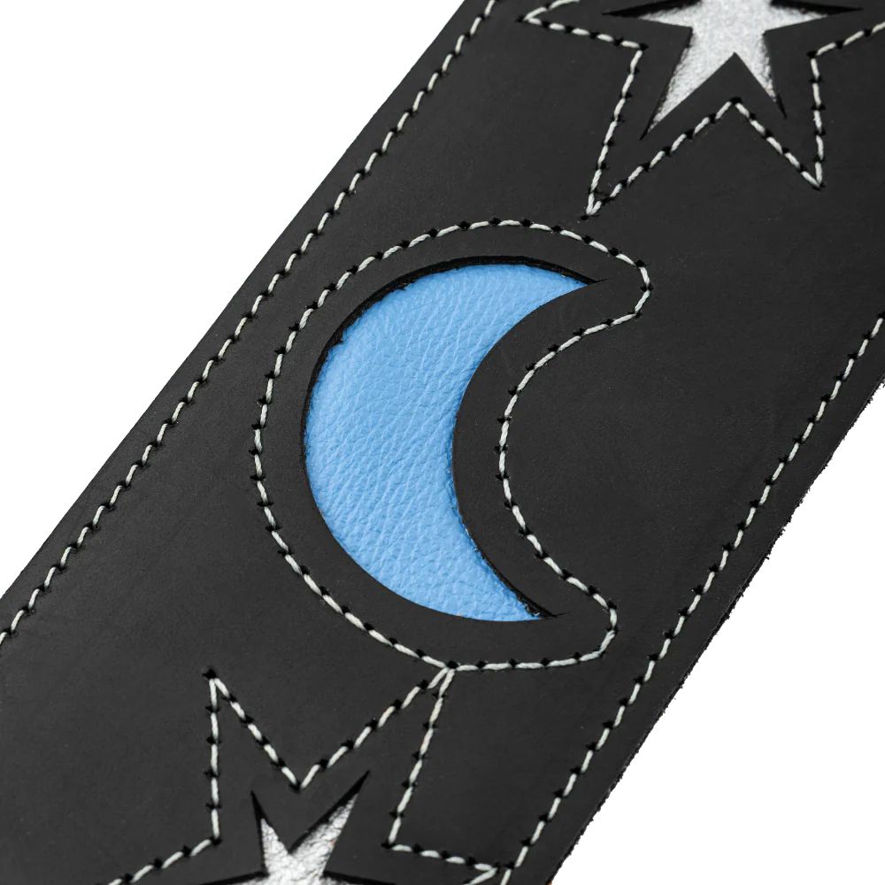 Levy Sunbird Series Leather Guitar Strap Sun and Moon Pattern in Black