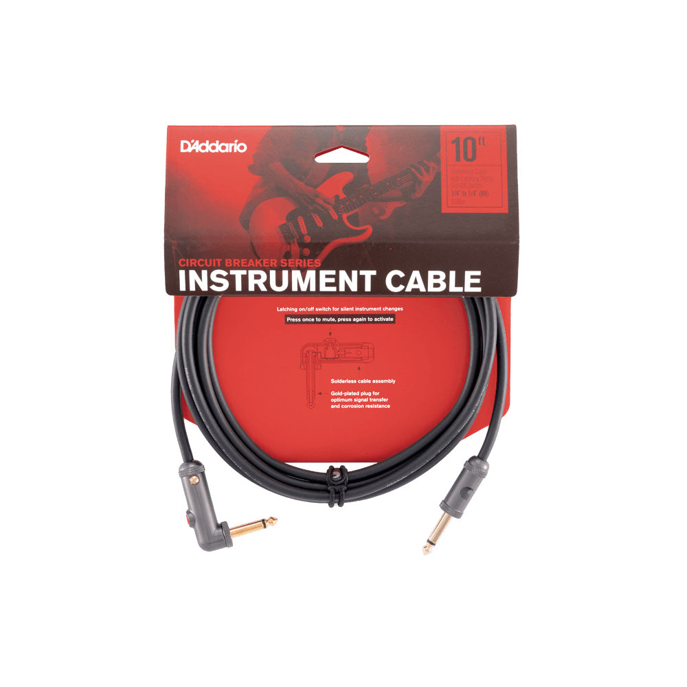 D'Addario PW-AGLRA-10 Circuit Breaker 10" Right Angle Instrument Cable with Latching Cut-Off Switch-Cables-Daddario-Hermes Music