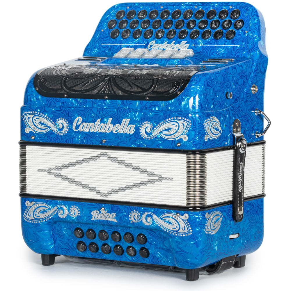 Cantabella Reina Accordion 5 Switch FBE Celluloid Blue Waves with Silver and Black Painted Fretboard