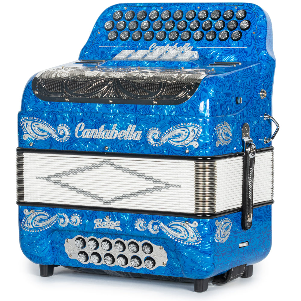 Cantabella Reina Accordion 5 Switch FBE Celluloid Blue Waves with Silver Painted Fretboard