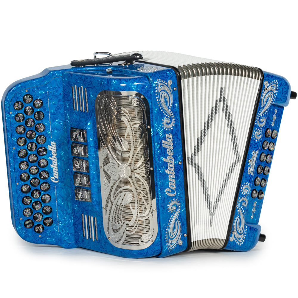 Cantabella Reina Accordion 5 Switch GCF Celluloid Blue Waves with Silver and Black Painted Fretboard Hermes Music