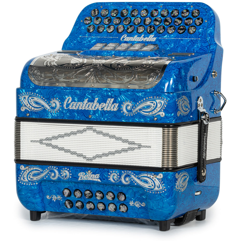 Cantabella Reina Accordion 5 Switch GCF Celluloid Blue Waves with Silver and Black Painted Fretboard Hermes Music