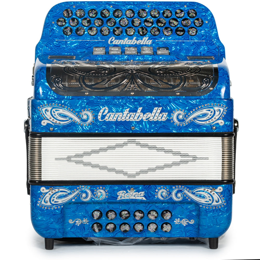 Cantabella Reina Accordion 5 Switch GCF Celluloid Blue Waves with Silver and Black Painted Fretboard Hermes Music