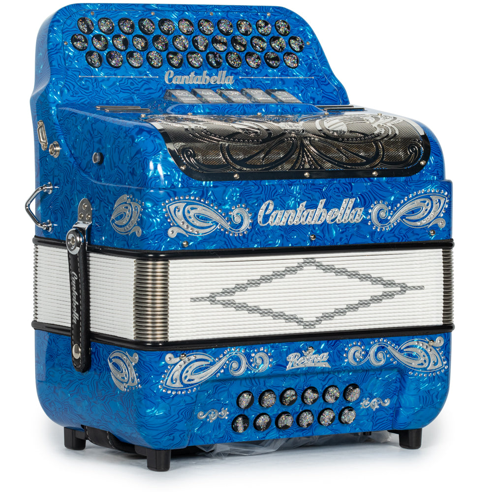 Cantabella Reina Accordion 5 Switch GCF Celluloid Blue Waves with Silver and Black Painted Fretboard Hermes Music