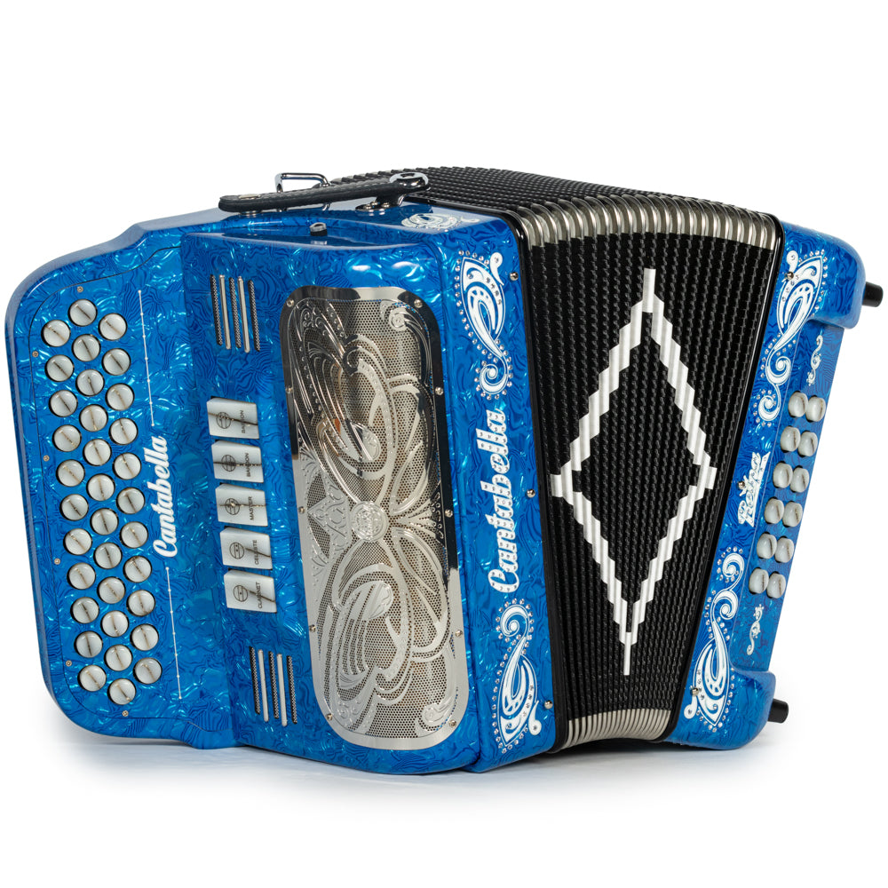 Cantabella Reina Accordion 5 Switch FBE Celluloid Blue Waves with Painted Fretboard and Black Bellows Hermes Music