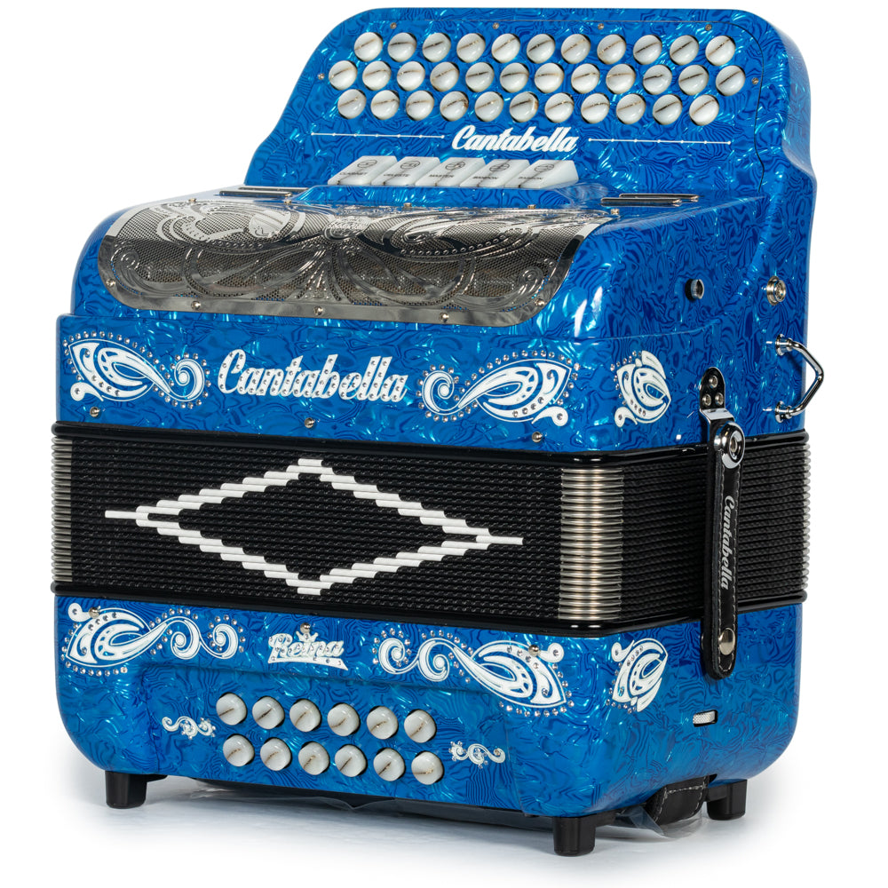 Cantabella Reina Accordion 5 Switch FBE Celluloid Blue Waves with Painted Fretboard and Black Bellows Hermes Music