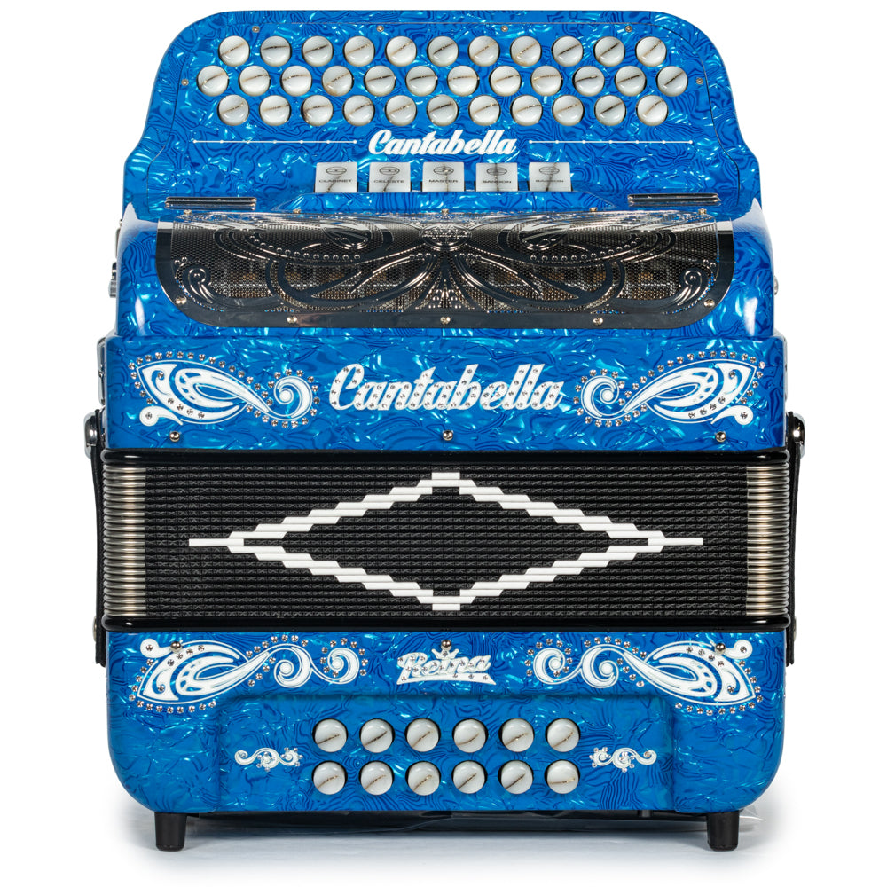 Cantabella Reina Accordion 5 Switch FBE Celluloid Blue Waves with Painted Fretboard and Black Bellows Hermes Music