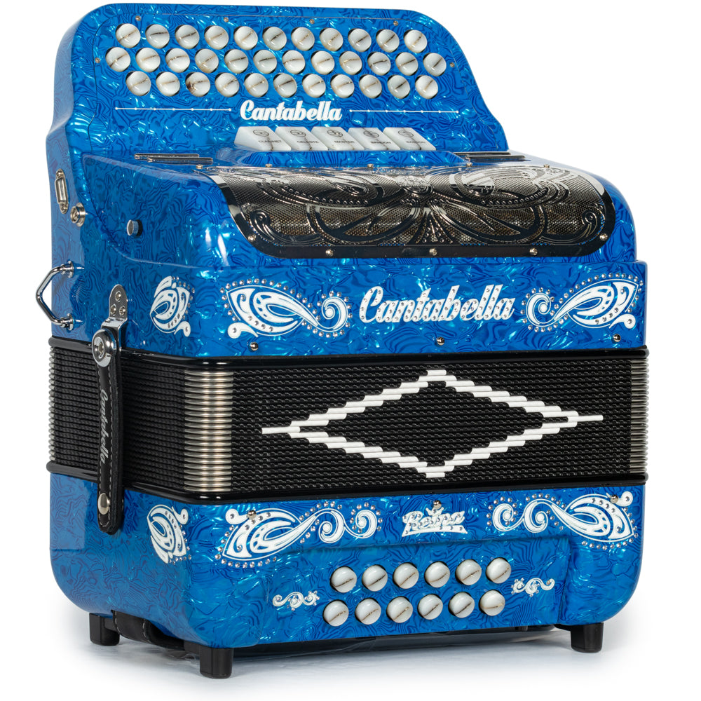Cantabella Reina Accordion 5 Switch FBE Celluloid Blue Waves with Painted Fretboard and Black Bellows Hermes Music