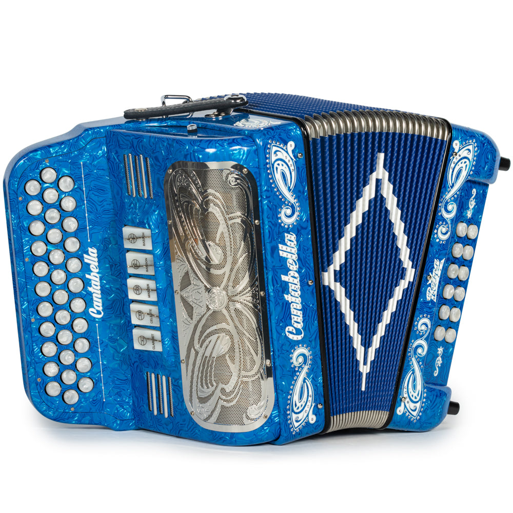 Cantabella Reina Accordion 5 Switch FBE Celluloid Blue Waves with Painted Fretboard and Blue Bellows Hermes Music